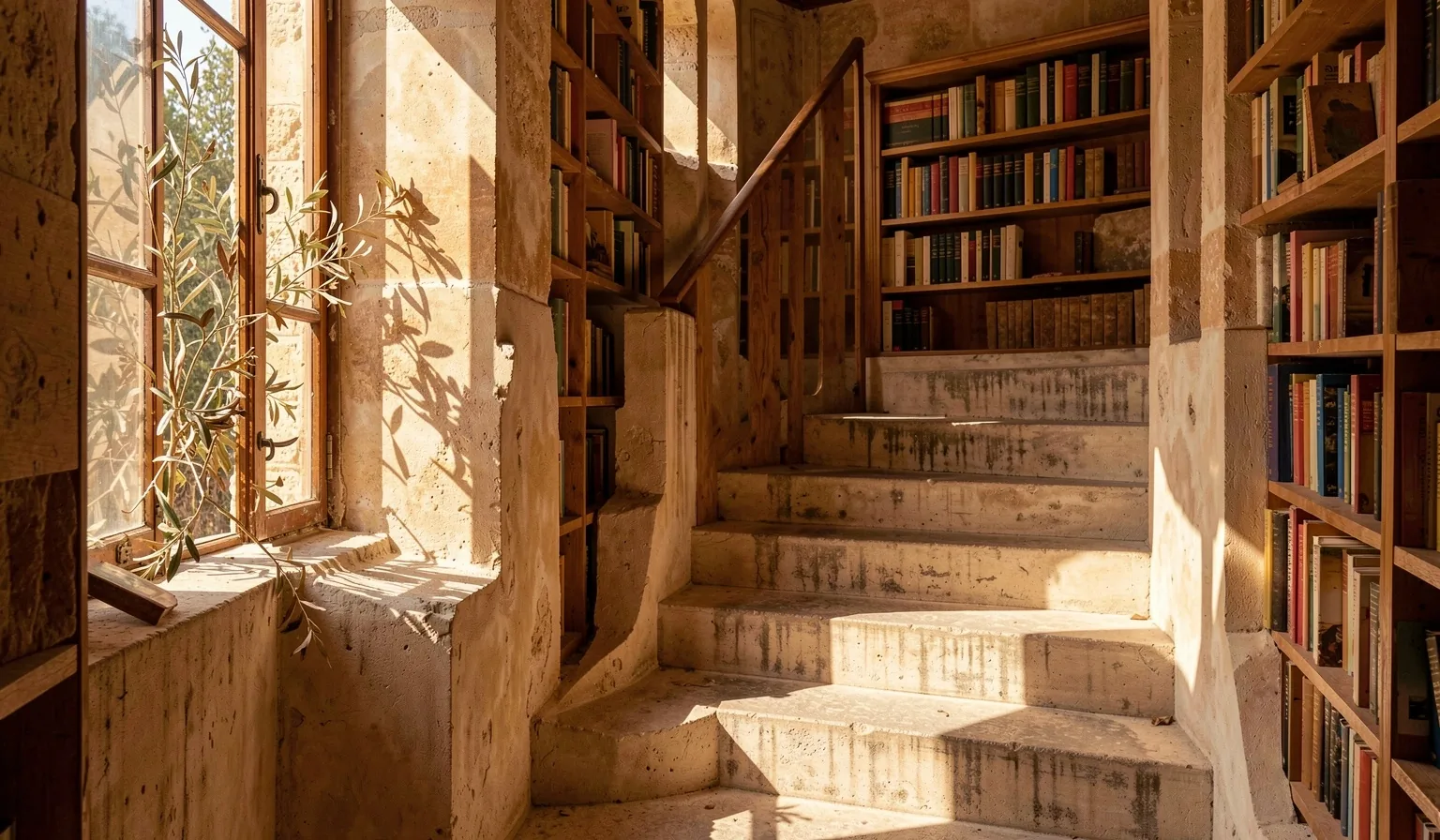 Interior de una biblioteca mediterránea con luz de finales de tarde en Valencia