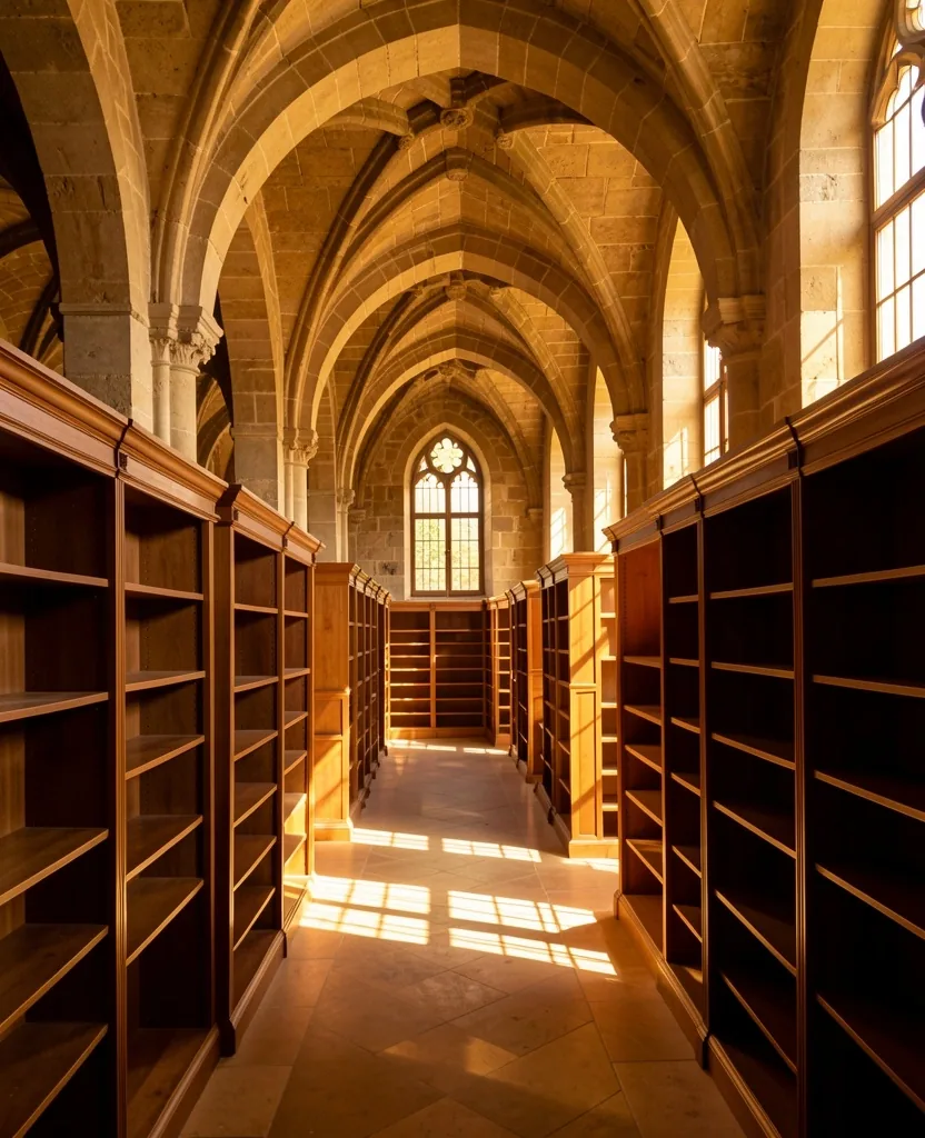 Interior de biblioteca con arcadas y luz natural