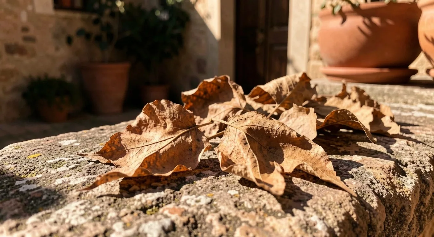 Luz de tarde en un patio valenciano con hojas secas sobre piedra