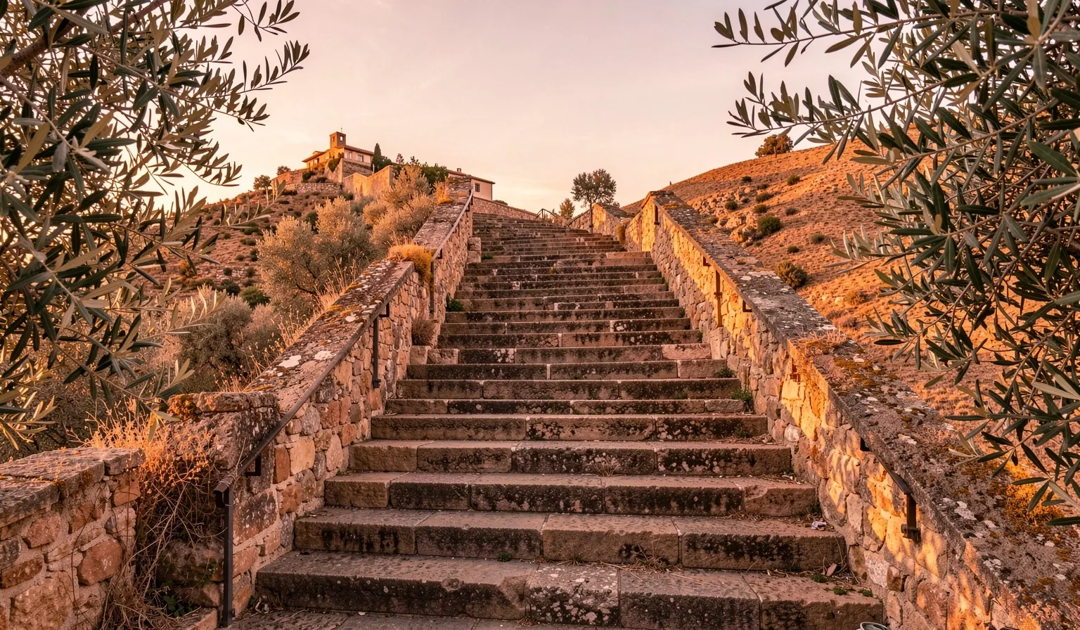 Escalera de piedra mediterránea al atardecer